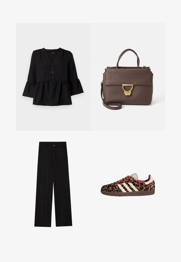 Pruun villasegude sviiter laia sallikaeluse ja avatud ettekujundusega. Pehme tekstuur, mugav lõige ja nähtavad kinnitused puuduvad.; Must mustriga, millel on V-kaelus, nööpide esisilmus ja volangidega flaierslees. Valmistatud tekstuuriga kangast, millel on vaba lõige.; Laiad mustad püksid, mis on valmistatud siledast kangast, esipoolse taskuga ja nööbkinnitusega vööl. Minimalistlik disain ilma mustriteta.; Leopardi mustriga tossud, valmistatud nubukmaterjalist, punased paelad ja kolm valget triipu külgedel. Omab kreemjat keelt ja pruunist põhja.; Pruun nahkne käekott tekstureeritud pinnaga, kuldse riistvaraga, ülestõstetavad käepidemed ja eemaldatav õlalihas; omab esiflapiga klapiga sulgemist.; Kuldtooni ristkülikukujuline käekell valge puidust näidikuga, hõbedaste tundide markeritega ja vastupidava metallist link-ribaga. Veekindel omadus on kaasas.