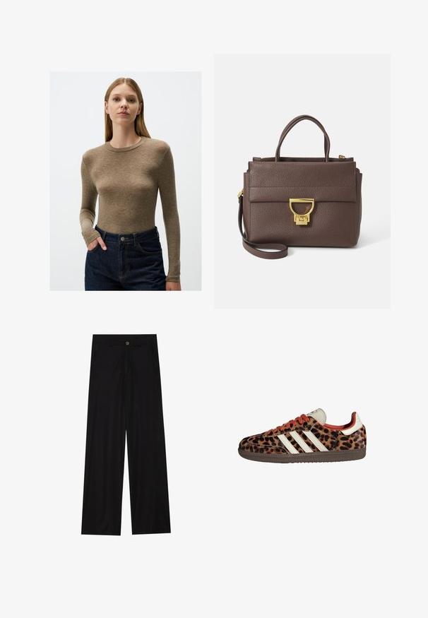 Braune Wollmischjacke mit breitem Schalkragen und offenem Design. Weicher Stoff, lockere Passform und keine sichtbaren Verschlüsse.; Langärmliges, eng anliegendes Oberteil aus hellbraunem Stoff mit Rundhalsausschnitt. Kombination mit dunkelblauen, hochgeschnittenen Jeans mit Taschen.; Schwarz weit geschnittene Hose aus einem glatten Stoff, mit frontalen Taschen und einem Knopfverschluss an der Taille. Minimalistisches Design ohne Muster.; Sneaker im Leopardenmuster aus Wildleder mit roten Schnürsenkeln und drei weißen Streifen an der Seite. Sie haben eine cremefarbene Zunge und eine braune Sohle.; Braune Ledertasche mit strukturierter Oberfläche, goldenen Beschlägen, oberen Griffen und abnehmbarem Schultergurt; besitzt eine Vorderklappe mit einem Verschluss.; Goldfarbene rechteckige Armbanduhr mit Zifferblatt in Weiß, silbernen Stundenmarkierungen und einem strapazierfähigen Metallarmband. Wasserfest.