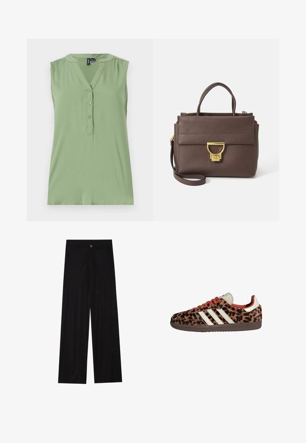 Giacca in misto lana marrone con ampio colletto a sciarpa e design aperto. Texture morbida, vestibilità comoda e senza chiusure visibili.; Top senza maniche verde chiaro con chiusura a bottoni sulla parte anteriore, scollatura a V, dettaglio delle spalle arricciato e texture liscia.; Pantaloni neri a gamba larga realizzati in un tessuto liscio, dotati di tasche frontali e chiusura con bottone in vita. Design minimalista senza motivi.; Sneaker con stampa leopardata in materiale scamosciato, lacci rossi e tre strisce bianche sui lati. Presentano una linguetta di colore crema e una suola marrone.; Borsa a tracolla in pelle marrone con superficie testurizzata, hardware dorato, manici superiori e tracolla removibile; presenta un pattina anteriore con chiusura a clip.; Orologio da polso rettangolare dorato con quadrante bianco, indicatori delle ore in tono argento e un robusto bracciale in metallo. Include la funzione di resistenza all'acqua.