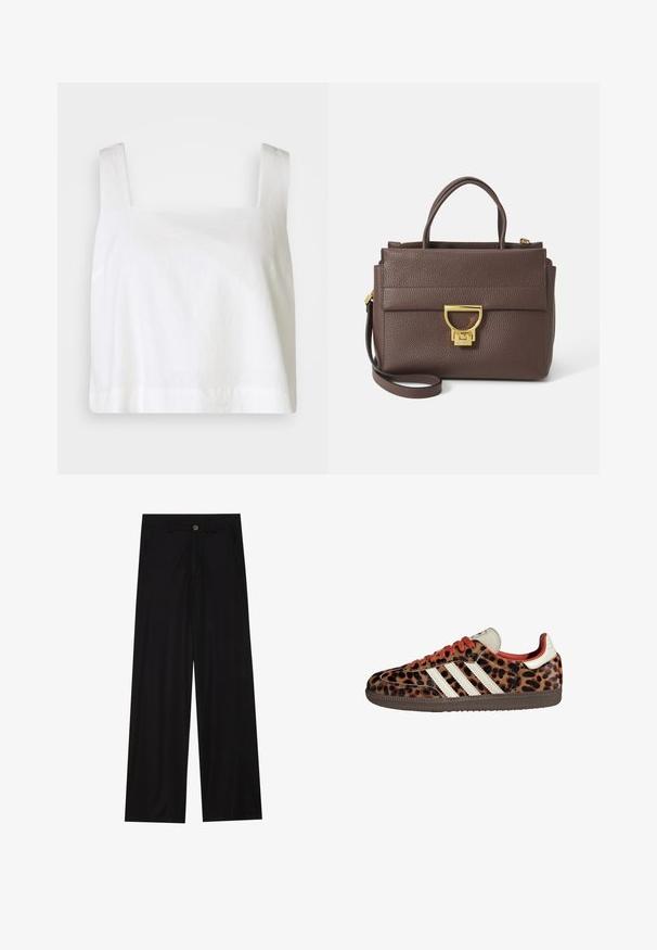 Brūnais vilnas maisījuma žakets ar platām šalta kakla malām un atvērtu priekšpusi. Mīksta tekstūra, brīvs piegriezums un bez redzamām aizdara detaļām.; Balta lina īsā topa blūze ar kvadrātveida kakla izgriezumu, platām plecu siksnām un brīvu piegriezumu, ar gludu tekstūru un kārtīgu apdari.; Platas kājas melnas bikses, izgatavotas no gludas auduma, ar priekšējām kabatām un pogas aizdari jostasvietā. Minimālisma dizains, bez rakstiem.; Leparda raksta čības ar zamša materiālu, sarkaniem šņorēm un trim baltām svītrām sānos. Iezīmē krēmkrāsas mēlīti un brūnu zoli.; Brūna ādas rokassomu ar teksturētu virsmu, zeltītu aparatūru, augšējiem rokturiem un noņemamu plecu siksniņu; tai ir priekšējā atloka ar sprādzes aizdari.; Zelta tonis taisnstūra rokas pulkstenis ar balto ciparnīcu, sudraba tonis stundu rādītājiem un izturīgu metāla saiti. Iekļauta ūdens izturība.