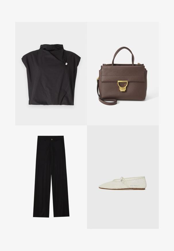 Braune Wollmischjacke mit breitem Schalkragen und offenem Design. Weicher Stoff, lockere Passform und keine sichtbaren Verschlüsse.; Schwarzes kurzärmliges Oberteil mit hohem Kragen, asymmetrischem Design und seitlichem Verschluss, der mit einem silbernen Akzent verziert ist. Leichter, strukturierten Stoff.; Schwarz weit geschnittene Hose aus einem glatten Stoff, mit frontalen Taschen und einem Knopfverschluss an der Taille. Minimalistisches Design ohne Muster.; Cremefarbene Netz-Ballettschuhe mit spitzem Zehenbereich und verstellbarem Riemen. Verfügt über ein strukturiertes Obermaterial und eine flache, braune Sohle.; Braune Ledertasche mit strukturierter Oberfläche, goldenen Beschlägen, oberen Griffen und abnehmbarem Schultergurt; besitzt eine Vorderklappe mit einem Verschluss.; Goldfarbene rechteckige Armbanduhr mit Zifferblatt in Weiß, silbernen Stundenmarkierungen und einem strapazierfähigen Metallarmband. Wasserfest.