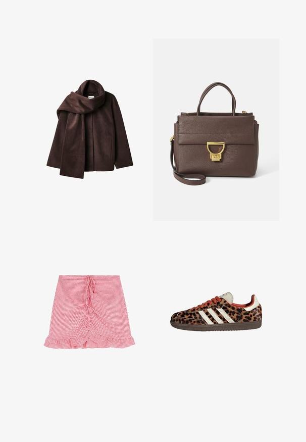 Veste en laine mélangée marron avec un large col en écharpe et une conception à ouverture frontale. Texture douce, coupe décontractée et sans fermetures visibles.; Deux tops courts en coton, l'un blanc et l'autre noir. Chacun a un décolleté plongeant et des fines bretelles, offrant une texture lisse et douce.; Jupe à carreaux rouge et blanc avec un design froncé, cordon de serrage ajustable et ourlet froncé. Fabriquée en tissu léger.; Baskets en imprimé léopard avec un matériau en suède, lacets rouges et trois rayures blanches sur le côté. Présente une languette de couleur crème et une semelle marron.; Sac à main en cuir marron avec surface texturée, quincaillerie dorée, poignées supérieures et bandoulière amovible ; présente un rabat avant avec une fermeture à cliquet.; Montre-bracelet rectangulaire dorée avec un cadran blanc, des index horaires argentés et un bracelet en métal durable. Fonction étanche incluse.
