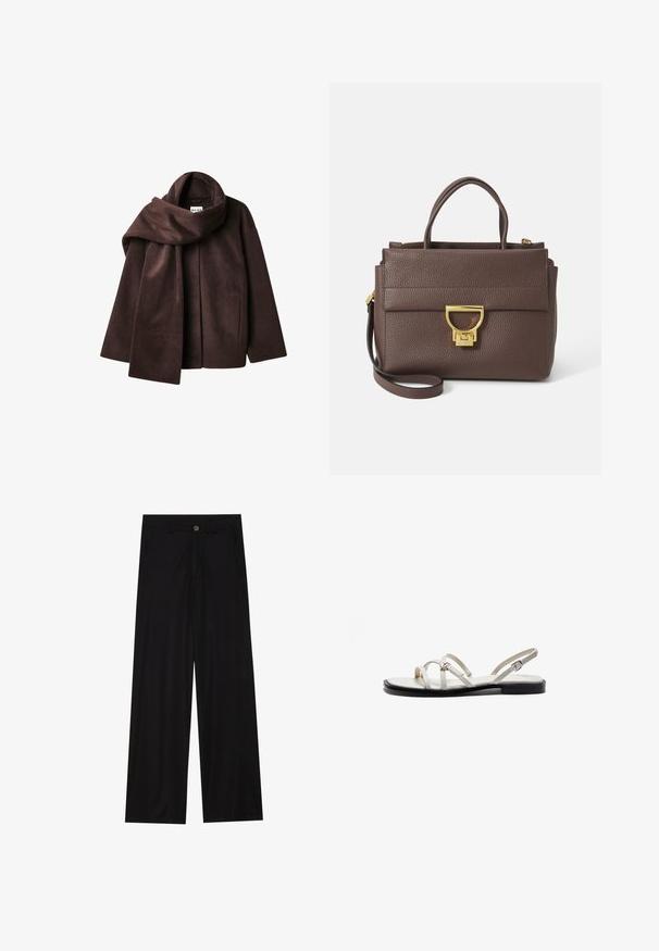 Braune Wollmischjacke mit breitem Schalkragen und offenem Design. Weicher Stoff, lockere Passform und keine sichtbaren Verschlüsse.; Schwarz langärmliges Shirt mit weitem Ausschnitt, aus weichem Stoff gefertigt, mit einer taillierten Passform und minimalen Nähten.; Schwarz weit geschnittene Hose aus einem glatten Stoff, mit frontalen Taschen und einem Knopfverschluss an der Taille. Minimalistisches Design ohne Muster.; Flache Sandalen mit dünnen metallischen Riemen, einem hellen Cremeton oben und einer schwarzen Sohle. Verstellbare Schnalle am Knöchelriemen.; Braune Ledertasche mit strukturierter Oberfläche, goldenen Beschlägen, oberen Griffen und abnehmbarem Schultergurt; besitzt eine Vorderklappe mit einem Verschluss.; Goldfarbene rechteckige Armbanduhr mit Zifferblatt in Weiß, silbernen Stundenmarkierungen und einem strapazierfähigen Metallarmband. Wasserfest.