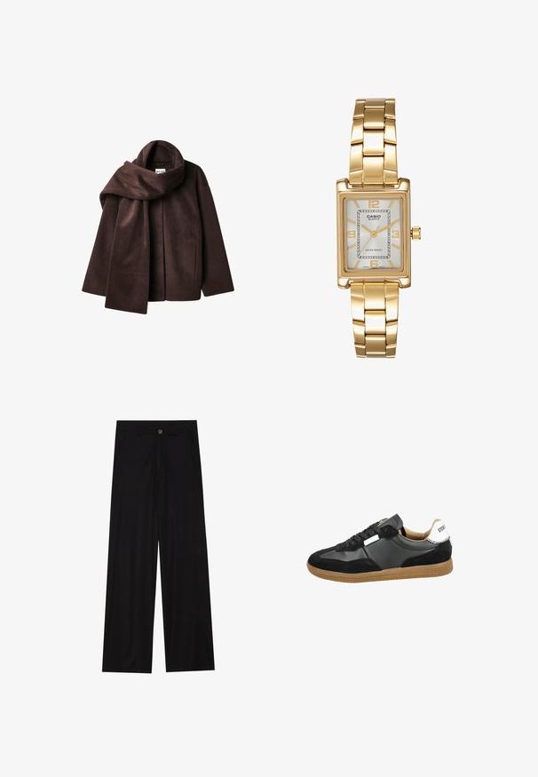 Chaqueta de mezcla de lana marrón con un amplio cuello de bufanda y diseño de frente abierto. Textura suave, corte relajado y sin cierre visible.; Camisa negra de manga larga con un escote amplio, hecha de un tejido suave, con un diseño ajustado y detalles de costura mínimos.; Pantalones negros de pierna ancha hechos de una tela suave, con bolsillos delanteros y cierre de botón en la cintura. Diseño minimalista sin patrones.; Sneaker negro con materiales de ante y cuero, que presenta una suela de goma, un lazado prominente y un acento blanco en el talón.; Reloj de pulsera rectangular de tono dorado con esfera blanca, marcadores de horas de tono plateado y una duradera pulsera de metal. Incluye función de resistencia al agua.