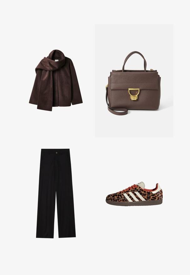 Brązowa kurtka z mieszanki wełny z szerokim kołnierzem w kształcie szalika i otwartym przodem. Miękka faktura, luźny krój i brak widocznych zapięć.; Czarna koszula z długim rękawem o szerokim dekolcie, wykonana z miękkiego materiału, charakteryzująca się dopasowanym krojem i minimalnymi detalami szwów.; Szerokie czarne spodnie wykonane z gładkiego materiału, z przednimi kieszeniami i zapięciem na guzik w talii. Minimalistyczny design bez wzorów.; Sneakers w nadrukiem lamparta z zamszowego materiału, czerwonymi sznurówkami i trzema białymi paskami z boku. Wyróżniają się kremowym językiem i brązową podeszwą.; Brązowa skórzana torebka o teksturowanej powierzchni, ze złotymi detalami, górnymi uchwytami oraz odpinanym paskiem na ramię; zawiera zapięcie na klapę z przodu.; Złoty prostokątny zegarek na nadgarstek z białą tarczą, srebrnymi znacznikami godzin i wytrzymałym metalowym bransoletą. Wbudowana funkcja wodoodporna.