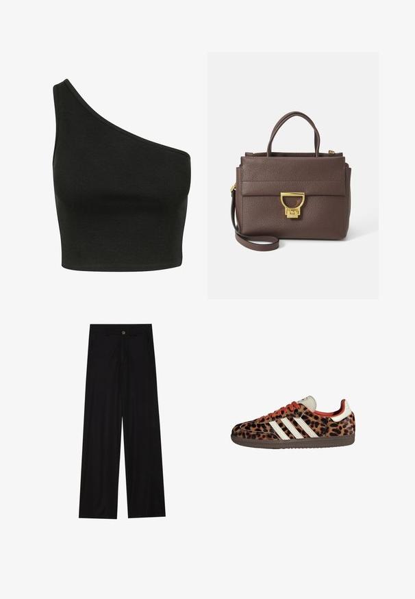 Bruine wolmix jas met een brede sjaalkraag en een open ontwerp. Zachte textuur, ontspannen pasvorm en geen zichtbare sluitingen.; Zwarte geribbelde crop top met een asymmetrisch ontwerp met één schouder. De stof lijkt zacht met een gladde textuur en een aansluitende silhouet.; Zwarte wijde broek van een gladde stof, met zijzakken en een knoopsluiting bij de taille. Minimalistisch ontwerp zonder patronen.; Leopardprint sneakers van suède met rode veters en drie witte strepen aan de zijkant. Bevat een crèmekleurige tong en een bruine zool.; Bruine leren handtas met textuur, gouden hardware, bovenhandvatten en een afneembare schouderriem; heeft een voorflap met een sluiting.; Gouden rechthoekige polshorloge met een witte wijzerplaat, zilverkleurige uurmarkeringen en een duurzame metalen schakelarmband. Inclusief waterdichte functie.