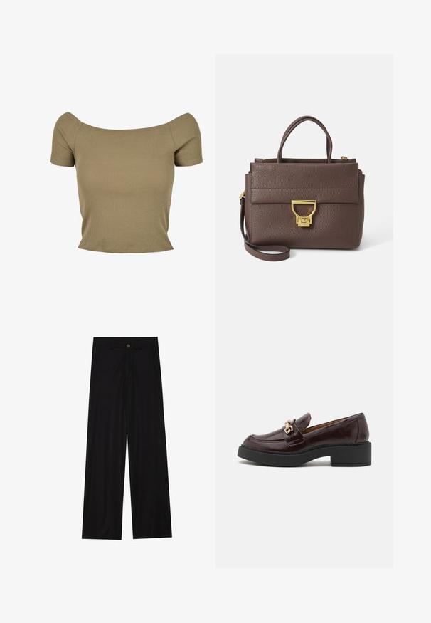 Brūnais vilnas maisījuma žakets ar platām šalta kakla malām un atvērtu priekšpusi. Mīksta tekstūra, brīvs piegriezums un bez redzamām aizdara detaļām.; Olivza zaļa ribota īsām piedurknēm blūze ar atklātām plecu daļām un pieguļošu siluetu, ar gludu tekstūru un tīrām malām.; Platas kājas melnas bikses, izgatavotas no gludas auduma, ar priekšējām kabatām un pogas aizdari jostasvietā. Minimālisma dizains, bez rakstiem.; Brūni ādas loaferi ar zelta akcentu sprādzi, melnu bloku papēdi un gludu tekstūru. Sānu skats izceļ noapaļoto purngalu un šūšanas detaļas.; Brūna ādas rokassomu ar teksturētu virsmu, zeltītu aparatūru, augšējiem rokturiem un noņemamu plecu siksniņu; tai ir priekšējā atloka ar sprādzes aizdari.