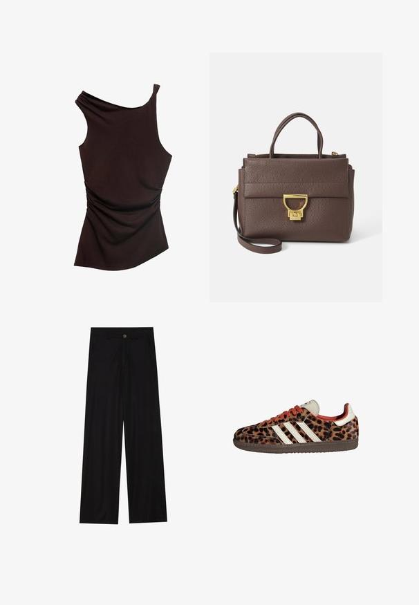 Brązowa kurtka z mieszanki wełny z szerokim kołnierzem w kształcie szalika i otwartym przodem. Miękka faktura, luźny krój i brak widocznych zapięć.; Asymetryczna brązowa bluzka z jednym ramieniem, marszczona tekstura po jednej stronie i gładkie wykończenie na całej powierzchni. Miękka, elastyczna tkanina.; Szerokie czarne spodnie wykonane z gładkiego materiału, z przednimi kieszeniami i zapięciem na guzik w talii. Minimalistyczny design bez wzorów.; Sneakers w nadrukiem lamparta z zamszowego materiału, czerwonymi sznurówkami i trzema białymi paskami z boku. Wyróżniają się kremowym językiem i brązową podeszwą.; Brązowa skórzana torebka o teksturowanej powierzchni, ze złotymi detalami, górnymi uchwytami oraz odpinanym paskiem na ramię; zawiera zapięcie na klapę z przodu.; Złoty prostokątny zegarek na nadgarstek z białą tarczą, srebrnymi znacznikami godzin i wytrzymałym metalowym bransoletą. Wbudowana funkcja wodoodporna.