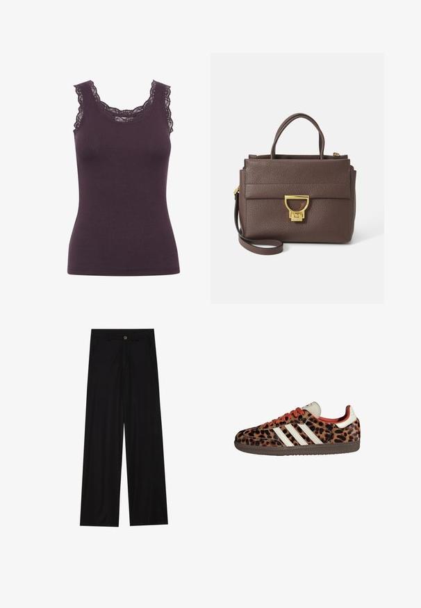 Brown wool blend jacket with a wide scarf collar and open front design. Soft texture, relaxed fit, and no visible fastenings.; Dark purple ribbed tank top with a rounded neckline and intricate lace detailing along the edges, featuring a fitted silhouette.; Wide-leg black trousers made of a smooth fabric, featuring front pockets and a button closure at the waist. Minimalist design with no patterns.; Leopard print sneakers with suede material, red laces, and three white stripes on the side. Features a cream-colored tongue and brown sole.; Brown leather handbag with textured surface, gold hardware, top handles, and detachable shoulder strap; features a front flap with a clasp closure.; Gold-tone rectangular wristwatch with a white dial, silver-tone hour markers, and a durable metal link bracelet. Water-resistant feature included.