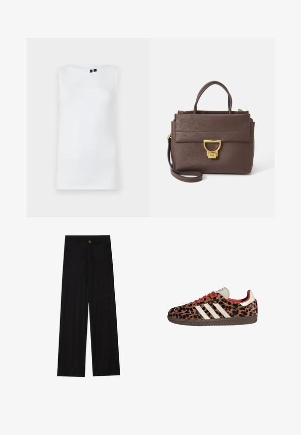 Brūnais vilnas maisījuma žakets ar platām šalta kakla malām un atvērtu priekšpusi. Mīksta tekstūra, brīvs piegriezums un bez redzamām aizdara detaļām.; Balta bez piedurknēm blūze, izgatavota no gludas auduma, ar apaļu apkakli un pieguļošu siluetu, bez redzamām rakstām vai akcentiem.; Platas kājas melnas bikses, izgatavotas no gludas auduma, ar priekšējām kabatām un pogas aizdari jostasvietā. Minimālisma dizains, bez rakstiem.; Leparda raksta čības ar zamša materiālu, sarkaniem šņorēm un trim baltām svītrām sānos. Iezīmē krēmkrāsas mēlīti un brūnu zoli.; Brūna ādas rokassomu ar teksturētu virsmu, zeltītu aparatūru, augšējiem rokturiem un noņemamu plecu siksniņu; tai ir priekšējā atloka ar sprādzes aizdari.; Zelta tonis taisnstūra rokas pulkstenis ar balto ciparnīcu, sudraba tonis stundu rādītājiem un izturīgu metāla saiti. Iekļauta ūdens izturība.