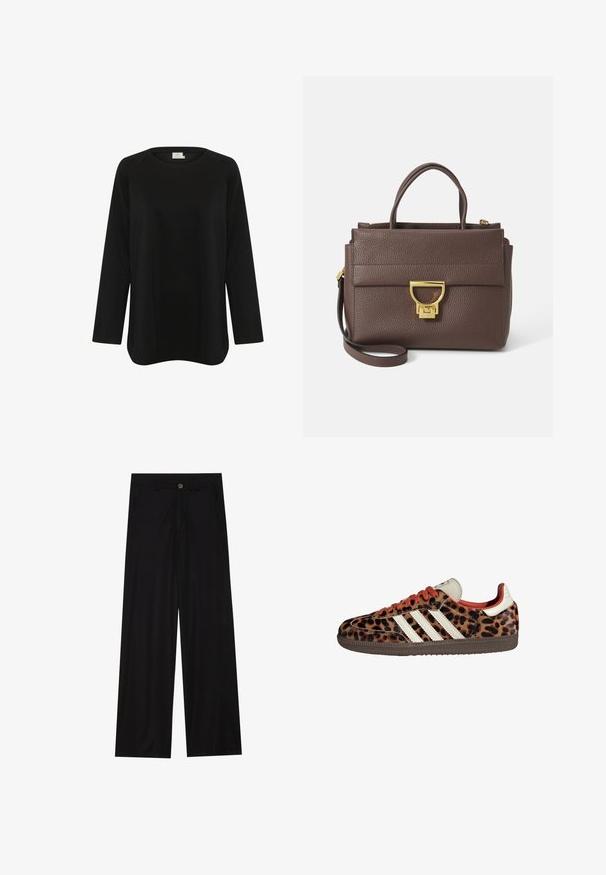 Braune Wollmischjacke mit breitem Schalkragen und offenem Design. Weicher Stoff, lockere Passform und keine sichtbaren Verschlüsse.; Schwarzes Langarmoberteil aus weichem Stoff, mit Rundhalsausschnitt und lockerer Passform mit seitlichen Schlitzen am Saum. Keine sichtbaren Muster.; Schwarz weit geschnittene Hose aus einem glatten Stoff, mit frontalen Taschen und einem Knopfverschluss an der Taille. Minimalistisches Design ohne Muster.; Sneaker im Leopardenmuster aus Wildleder mit roten Schnürsenkeln und drei weißen Streifen an der Seite. Sie haben eine cremefarbene Zunge und eine braune Sohle.; Braune Ledertasche mit strukturierter Oberfläche, goldenen Beschlägen, oberen Griffen und abnehmbarem Schultergurt; besitzt eine Vorderklappe mit einem Verschluss.; Goldfarbene rechteckige Armbanduhr mit Zifferblatt in Weiß, silbernen Stundenmarkierungen und einem strapazierfähigen Metallarmband. Wasserfest.