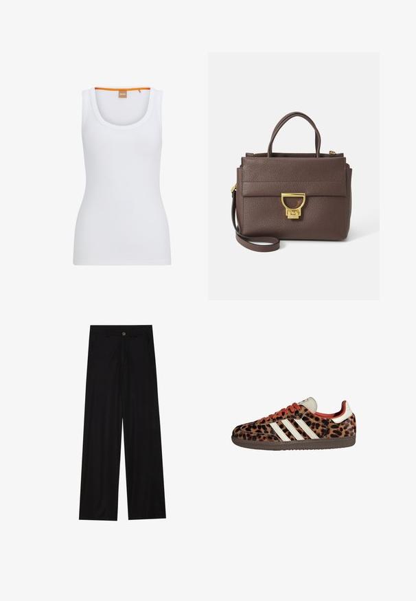 Pruun villasegude sviiter laia sallikaeluse ja avatud ettekujundusega. Pehme tekstuur, mugav lõige ja nähtavad kinnitused puuduvad.; Valge soonikuline särk ümmarguse kaeluse ja kontrastse oranži aktsendiga sisekaelusel, istuv siluett.; Laiad mustad püksid, mis on valmistatud siledast kangast, esipoolse taskuga ja nööbkinnitusega vööl. Minimalistlik disain ilma mustriteta.; Leopardi mustriga tossud, valmistatud nubukmaterjalist, punased paelad ja kolm valget triipu külgedel. Omab kreemjat keelt ja pruunist põhja.; Pruun nahkne käekott tekstureeritud pinnaga, kuldse riistvaraga, ülestõstetavad käepidemed ja eemaldatav õlalihas; omab esiflapiga klapiga sulgemist.; Kuldtooni ristkülikukujuline käekell valge puidust näidikuga, hõbedaste tundide markeritega ja vastupidava metallist link-ribaga. Veekindel omadus on kaasas.