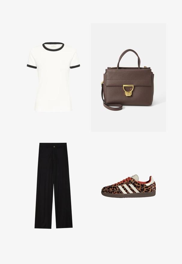 Brown wool blend jacket with a wide scarf collar and open front design. Soft texture, relaxed fit, and no visible fastenings.; White cotton t-shirt with black ringer neckline and sleeve cuffs. Short sleeves, classic fit, smooth texture, and no visible patterns.; Wide-leg black trousers made of a smooth fabric, featuring front pockets and a button closure at the waist. Minimalist design with no patterns.; Leopard print sneakers with suede material, red laces, and three white stripes on the side. Features a cream-colored tongue and brown sole.; Brown leather handbag with textured surface, gold hardware, top handles, and detachable shoulder strap; features a front flap with a clasp closure.; Gold-tone rectangular wristwatch with a white dial, silver-tone hour markers, and a durable metal link bracelet. Water-resistant feature included.