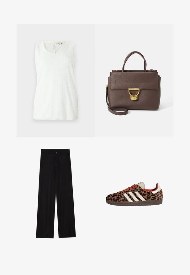 Brūnais vilnas maisījuma žakets ar platām šalta kakla malām un atvērtu priekšpusi. Mīksta tekstūra, brīvs piegriezums un bez redzamām aizdara detaļām.; Balta bezpiedurkņu blūze ar apaļu kakla izgriezumu, teksturēta auduma ar rakstainām acs atverēm un mazu atslēgas caurumu detaļu aizmugurē.; Platas kājas melnas bikses, izgatavotas no gludas auduma, ar priekšējām kabatām un pogas aizdari jostasvietā. Minimālisma dizains, bez rakstiem.; Leparda raksta čības ar zamša materiālu, sarkaniem šņorēm un trim baltām svītrām sānos. Iezīmē krēmkrāsas mēlīti un brūnu zoli.; Brūna ādas rokassomu ar teksturētu virsmu, zeltītu aparatūru, augšējiem rokturiem un noņemamu plecu siksniņu; tai ir priekšējā atloka ar sprādzes aizdari.; Zelta tonis taisnstūra rokas pulkstenis ar balto ciparnīcu, sudraba tonis stundu rādītājiem un izturīgu metāla saiti. Iekļauta ūdens izturība.