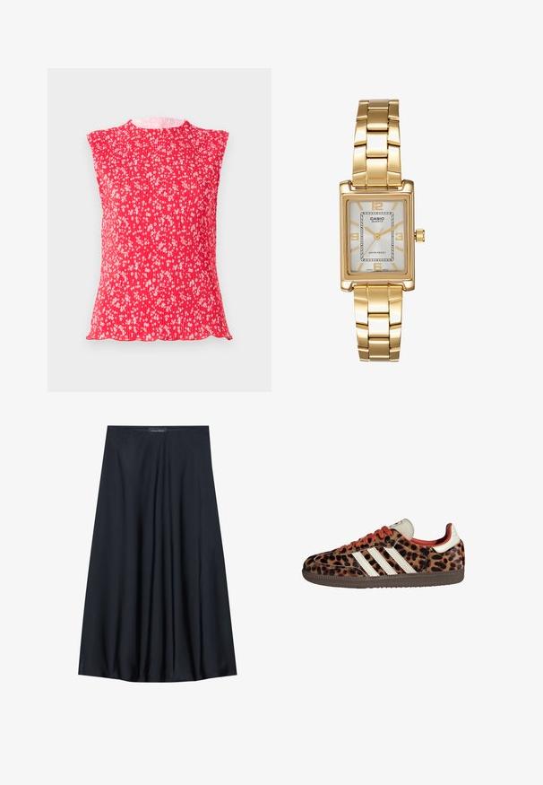 Bruine wolmix jas met een brede sjaalkraag en een open ontwerp. Zachte textuur, ontspannen pasvorm en geen zichtbare sluitingen.; Rode geplooide top met kapmouwen, met een bloemenpatroon in het wit. Zachte textuur met een ronde halslijn en een gegolfde zoom.; Zwarte, knielange rok van lichtgewicht stof met een vloeiende uitstraling. Kenmerkt zich door een gladde textuur en subtiele plooien voor extra detail.; Leopardprint sneakers van suède met rode veters en drie witte strepen aan de zijkant. Bevat een crèmekleurige tong en een bruine zool.; Gouden rechthoekige polshorloge met een witte wijzerplaat, zilverkleurige uurmarkeringen en een duurzame metalen schakelarmband. Inclusief waterdichte functie.