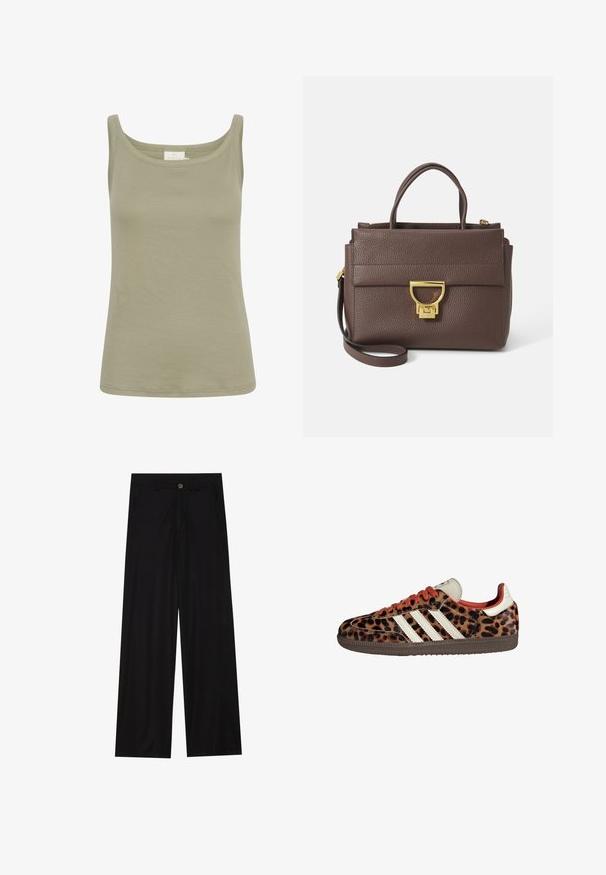 Pruun villasegude sviiter laia sallikaeluse ja avatud ettekujundusega. Pehme tekstuur, mugav lõige ja nähtavad kinnitused puuduvad.; Oliivroheline puuvillane t-särk, millel on ümmargune kaelus, kitsas lõige ja nähtamatud mustrid. Sile tekstuur, lõpetatud sirge servaga.; Laiad mustad püksid, mis on valmistatud siledast kangast, esipoolse taskuga ja nööbkinnitusega vööl. Minimalistlik disain ilma mustriteta.; Leopardi mustriga tossud, valmistatud nubukmaterjalist, punased paelad ja kolm valget triipu külgedel. Omab kreemjat keelt ja pruunist põhja.; Pruun nahkne käekott tekstureeritud pinnaga, kuldse riistvaraga, ülestõstetavad käepidemed ja eemaldatav õlalihas; omab esiflapiga klapiga sulgemist.; Kuldtooni ristkülikukujuline käekell valge puidust näidikuga, hõbedaste tundide markeritega ja vastupidava metallist link-ribaga. Veekindel omadus on kaasas.