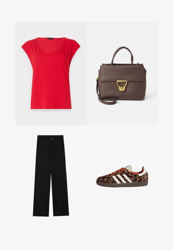 Pruun villasegude sviiter laia sallikaeluse ja avatud ettekujundusega. Pehme tekstuur, mugav lõige ja nähtavad kinnitused puuduvad.; Punane lühikeste varrukatega V-kaelusega T-särk on valmistatud pehmest kangast. Omab vabalt langevat lõiget, sujuvat tekstuuri ja puhta õmblusega serva.; Laiad mustad püksid, mis on valmistatud siledast kangast, esipoolse taskuga ja nööbkinnitusega vööl. Minimalistlik disain ilma mustriteta.; Leopardi mustriga tossud, valmistatud nubukmaterjalist, punased paelad ja kolm valget triipu külgedel. Omab kreemjat keelt ja pruunist põhja.; Pruun nahkne käekott tekstureeritud pinnaga, kuldse riistvaraga, ülestõstetavad käepidemed ja eemaldatav õlalihas; omab esiflapiga klapiga sulgemist.; Kuldtooni ristkülikukujuline käekell valge puidust näidikuga, hõbedaste tundide markeritega ja vastupidava metallist link-ribaga. Veekindel omadus on kaasas.