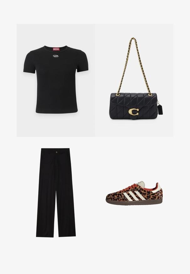 Brązowa kurtka z mieszanki wełny z szerokim kołnierzem w kształcie szalika i otwartym przodem. Miękka faktura, luźny krój i brak widocznych zapięć.; Czarny prążkowany t-shirt z krótkimi rękawami, z okrągłym dekoltem i małym, srebrnym logo na środku przodu.; Szerokie czarne spodnie wykonane z gładkiego materiału, z przednimi kieszeniami i zapięciem na guzik w talii. Minimalistyczny design bez wzorów.; Sneakers w nadrukiem lamparta z zamszowego materiału, czerwonymi sznurówkami i trzema białymi paskami z boku. Wyróżniają się kremowym językiem i brązową podeszwą.; Czarna pikowana torebka na ramię z złotym łańcuszkiem, z charakterystycznym złotym zapięciem i małym tagiem, prezentująca teksturowaną skórzaną powierzchnię.; Złoty prostokątny zegarek na nadgarstek z białą tarczą, srebrnymi znacznikami godzin i wytrzymałym metalowym bransoletą. Wbudowana funkcja wodoodporna.