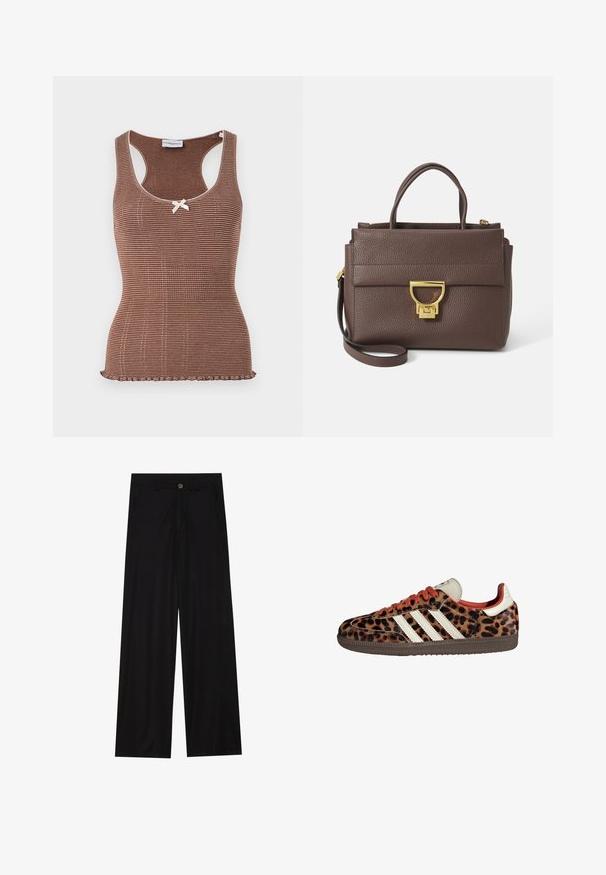 Pruun villasegude sviiter laia sallikaeluse ja avatud ettekujundusega. Pehme tekstuur, mugav lõige ja nähtavad kinnitused puuduvad.; Pruun ribaga tank top valge ääristuse ja väikese lipsu keskel. Omab sobivat lõiget ja lainelise äärega hemmi.; Laiad mustad püksid, mis on valmistatud siledast kangast, esipoolse taskuga ja nööbkinnitusega vööl. Minimalistlik disain ilma mustriteta.; Leopardi mustriga tossud, valmistatud nubukmaterjalist, punased paelad ja kolm valget triipu külgedel. Omab kreemjat keelt ja pruunist põhja.; Pruun nahkne käekott tekstureeritud pinnaga, kuldse riistvaraga, ülestõstetavad käepidemed ja eemaldatav õlalihas; omab esiflapiga klapiga sulgemist.; Kuldtooni ristkülikukujuline käekell valge puidust näidikuga, hõbedaste tundide markeritega ja vastupidava metallist link-ribaga. Veekindel omadus on kaasas.