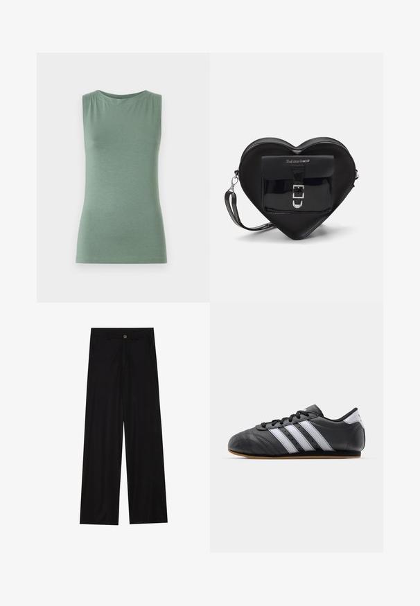 Brown wool blend jacket with a wide scarf collar and open front design. Soft texture, relaxed fit, and no visible fastenings.; Sleeveless green top made of soft fabric, featuring a round neckline and fitted shape. Minimalist design with no patterns or embellishments.; Wide-leg black trousers made of a smooth fabric, featuring front pockets and a button closure at the waist. Minimalist design with no patterns.; Black leather sports shoe with white stripes, round toe, flat sole, and lace closure. Features perforations for breathability.; Black heart-shaped bag made of patent leather with a front pocket featuring a buckle closure and a detachable strap. Silver hardware accents.; Brown leather handbag with textured surface, gold hardware, top handles, and detachable shoulder strap; features a front flap with a clasp closure.; Gold-tone rectangular wristwatch with a white dial, silver-tone hour markers, and a durable metal link bracelet. Water-resistant feature included.