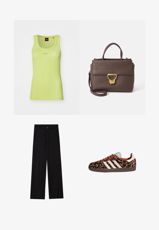 Rjava jakna iz volnenega mešanega materiala z širokim ovratnikom in odprtim sprednjim delom. Mehka tekstura, sproščen kroj in brez vidnih zapiranj.; Rebrasta brezrokavnika v svetli limetkasti barvi z okroglo ovratnikom. V središču prsnega dela je logo "BOSS" iz usklajenih niti.; Široke črne hlače iz gladkega materiala, ki imajo sprednje žepe in gumbno zapiranje v pasu. Minimalistična zasnova brez vzorcev.; Teniske z leopardjim vzorom iz semiša, rdečimi vezalkami in tremi belimi črtami ob strani. Imajo kremasto barvo jezička in rjavo podplat.; Rjava usnjena torbica z zatesnjeno površino, zlatim okovjem, vrhnjimi ročkami in snemljivim ramenskim trakom; ima sprednji pokrov z zapiranjem na zaponko.; Zlato obarvana pravokotna ročna ura z belo številčnico, srebrnimi kazalci in trdno kovinsko zapestnico. Vključena je vodoodporna funkcija.