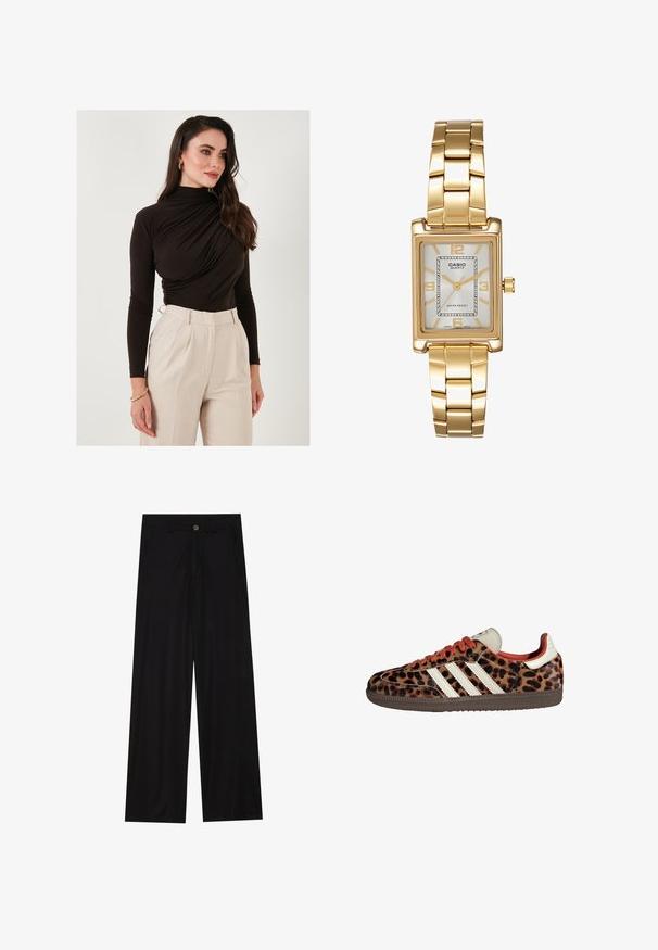 Rjava jakna iz volnenega mešanega materiala z širokim ovratnikom in odprtim sprednjim delom. Mehka tekstura, sproščen kroj in brez vidnih zapiranj.; LELA SLIM FIT - Majica z dolgimi rokavi - brown; Široke črne hlače iz gladkega materiala, ki imajo sprednje žepe in gumbno zapiranje v pasu. Minimalistična zasnova brez vzorcev.; Teniske z leopardjim vzorom iz semiša, rdečimi vezalkami in tremi belimi črtami ob strani. Imajo kremasto barvo jezička in rjavo podplat.; Zlato obarvana pravokotna ročna ura z belo številčnico, srebrnimi kazalci in trdno kovinsko zapestnico. Vključena je vodoodporna funkcija.