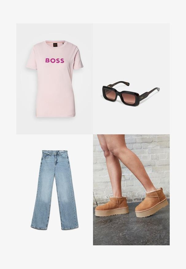 Brūnais vilnas maisījuma žakets ar platām šalta kakla malām un atvērtu priekšpusi. Mīksta tekstūra, brīvs piegriezums un bez redzamām aizdara detaļām.; Gaiši rozā kokvilnas T-kreklis ar drosmīgu purpura "BOSS" logo centrā. Īsās piedurknes un klasiskā apaļā kakla dizains.; Gaiši zili platās kājas džinsi, izgatavoti no denima, ar klasisku piecu kabatu dizainu un taisnu griezumu ar minimālu izbalējušās zonas uz kājām.; Brūni zamšāda potītes zābaki ar mīkstu oderi, biezu bēša krāsas platformas zoli un aizmugurē esošu cilpu. Tekstūrēta virsma ar redzamām šuvēm.; Taisnleņķa saulesbrilles ar tumšiem bruņurupuču raksta rāmjiem, gradienta brūniem objektīviem un zelta zīmola uzrakstu uz tempļiem. Gluda tekstūra, drosmīgs dizains.; Brūna ādas rokassomu ar teksturētu virsmu, zeltītu aparatūru, augšējiem rokturiem un noņemamu plecu siksniņu; tai ir priekšējā atloka ar sprādzes aizdari.