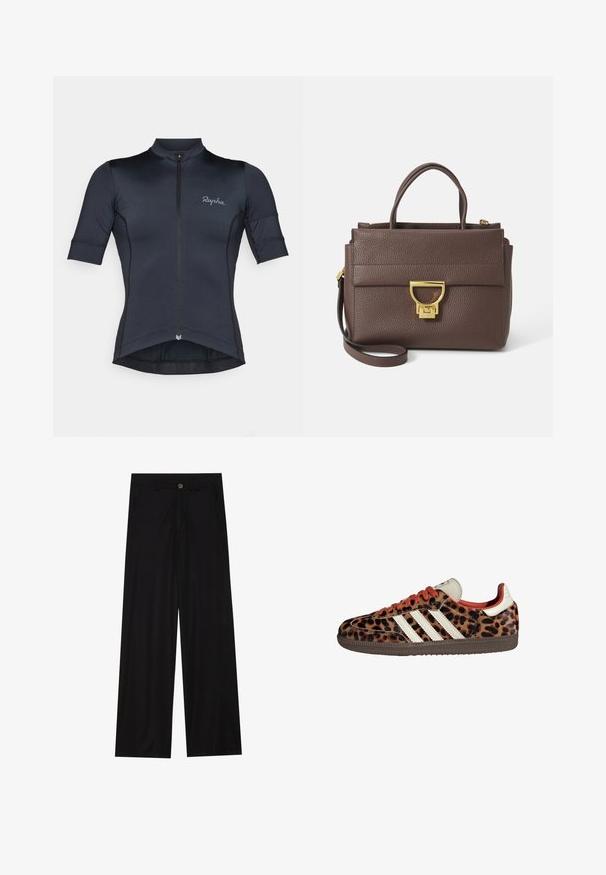Chaqueta de mezcla de lana marrón con un amplio cuello de bufanda y diseño de frente abierto. Textura suave, corte relajado y sin cierre visible.; Jersey de ciclismo de manga corta en color azul marino oscuro, fabricado con un tejido ligero y elástico. Presenta un cierre de cremallera en el frente y el logo de Rapha en el pecho.; Pantalones negros de pierna ancha hechos de una tela suave, con bolsillos delanteros y cierre de botón en la cintura. Diseño minimalista sin patrones.; Zapatillas con estampado de leopardo en material de ante, cordones rojos y tres franjas blancas en el lateral. Presenta una lengüeta color crema y suela marrón.; Bolso de mano de cuero marrón con superficie texturada, herrajes dorados, asas superiores y correa de hombro desmontable; cuenta con una solapa frontal con cierre de broche.; Reloj de pulsera rectangular de tono dorado con esfera blanca, marcadores de horas de tono plateado y una duradera pulsera de metal. Incluye función de resistencia al agua.