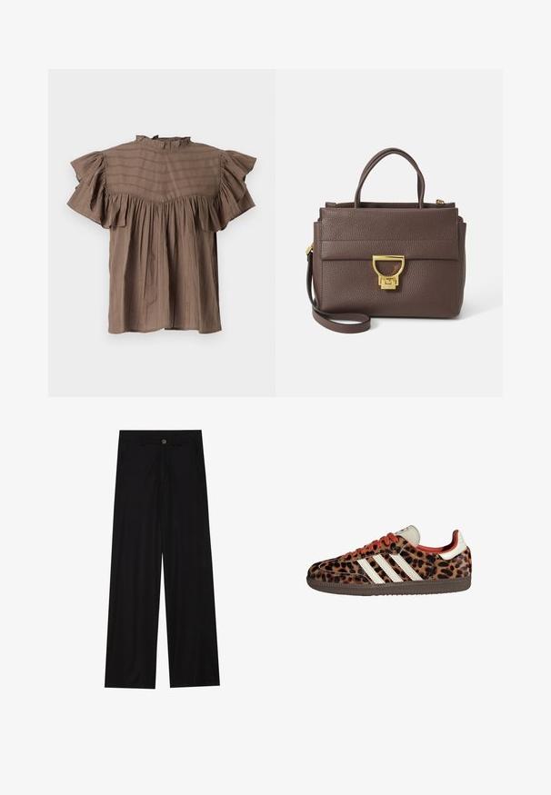 Brun uldblanding frakke med bred halsskærm og åbent frontdesign. Blød tekstur, afslappet pasform og ingen synlige lukninger.; Brun kortærmet bluse med flæset halsudskæring og ærmer. Har lodrette striber, en løs pasform og sammensyning ved taljen.; Bredde ben sorte bukser lavet af et glat stof, med forlommer og knaplukning i taljen. Minimalistisk design uden mønstre.; Sko i leopardmønster med ruskindsmateriale, røde snørebånd og tre hvide striber på siden. Har en cremefarvet tunge og en brun sål.; Brun læderhandtaske med tekstureret overflade, guldfarvet hardware, tophanke og aftagelig skulderrem; har en frontklap med låsemekanisme.; Guldtonet rektangulær armbåndsur med en hvid skive, sølvtonede time markører og et holdbart metalled. Vandafvisende funktion inkluderet.