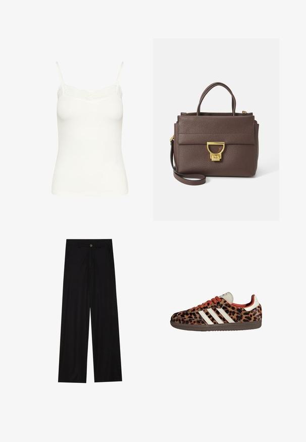 Brun uldblanding frakke med bred halsskærm og åbent frontdesign. Blød tekstur, afslappet pasform og ingen synlige lukninger.; Hvid rillet cami-top med justerbare spaghetti-stropper og delikat blondekant langs udskæringen. Blødt, strækbart materiale. Tætsiddende design.; Bredde ben sorte bukser lavet af et glat stof, med forlommer og knaplukning i taljen. Minimalistisk design uden mønstre.; Sko i leopardmønster med ruskindsmateriale, røde snørebånd og tre hvide striber på siden. Har en cremefarvet tunge og en brun sål.; Brun læderhandtaske med tekstureret overflade, guldfarvet hardware, tophanke og aftagelig skulderrem; har en frontklap med låsemekanisme.; Guldtonet rektangulær armbåndsur med en hvid skive, sølvtonede time markører og et holdbart metalled. Vandafvisende funktion inkluderet.