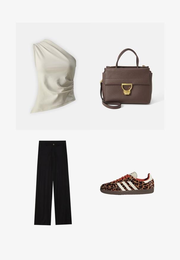 Pruun villasegude sviiter laia sallikaeluse ja avatud ettekujundusega. Pehme tekstuur, mugav lõige ja nähtavad kinnitused puuduvad.; Gina Tricot ONE SHOULDER DRAPY - Topp - beige; Laiad mustad püksid, mis on valmistatud siledast kangast, esipoolse taskuga ja nööbkinnitusega vööl. Minimalistlik disain ilma mustriteta.; Leopardi mustriga tossud, valmistatud nubukmaterjalist, punased paelad ja kolm valget triipu külgedel. Omab kreemjat keelt ja pruunist põhja.; Pruun nahkne käekott tekstureeritud pinnaga, kuldse riistvaraga, ülestõstetavad käepidemed ja eemaldatav õlalihas; omab esiflapiga klapiga sulgemist.; Kuldtooni ristkülikukujuline käekell valge puidust näidikuga, hõbedaste tundide markeritega ja vastupidava metallist link-ribaga. Veekindel omadus on kaasas.