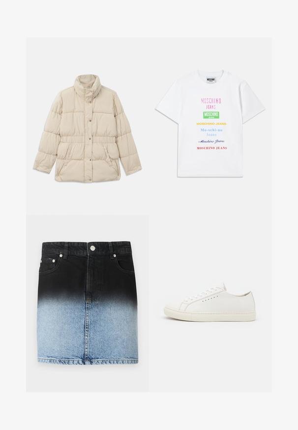 Beige polstret jakke med høy krage, trykknapplukking, elastisk midje og to sidelommer. Glatt tekstur med quiltedesign.; Hvit bomulls T-skjorte med flere tekstlogoer i rosa, grønn, gul, blå og rød, arrangert vertikalt på fronten.; Jeansskjørt med ombré-design som går fra svart øverst til lyseblå nederst. Fem lommer og detaljer i sølvfarge.; Hvite lær sneakers med glatt tekstur, rund tå, minimale snøringer og flat gummisåle. Enkelt design uten ekstra aksenter.