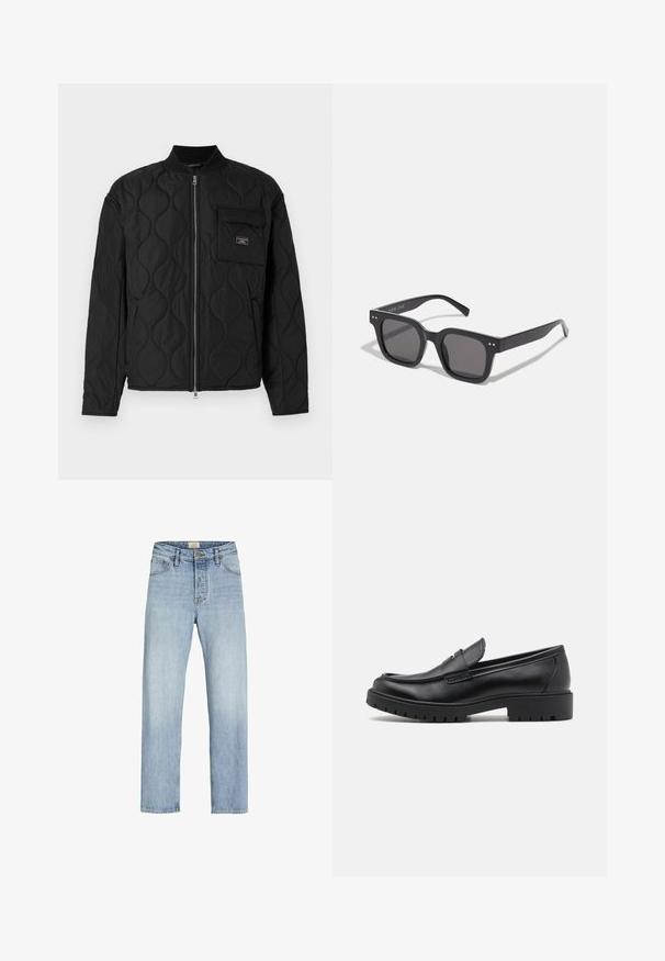 Guess Jeans QUILTED PUFFER JACKET - Ľahká bunda - jet black; Svetlosivý mikina vyrobená z bavlnenej zmesi. Má dlhé rukávy, okrúhly výstrih a malú nášivku loga na hrudi. Mäkká textúra.; Svetlomodré denim nohavice so strihom rovného strihu, dizajnom s piatimi vreckami, zapínaním na gombík a zips a jemným vyblednutím na látke.; Čierne kožené mokasíny s okrúhlou špičkou, s designom na obúvanie a hrubou gumovou podrážkou s textúrovanou protišmykovou úpravou. Vyvýšený opatok a jemné prešívanie.; Čierne obdĺžnikové slnečné okuliare s tmavými sklami, s hrubým rámom, jemnými akcentmi na stranách a bez viditeľných log, okrem názvu značky.; Čierna plátenná taška vyrobená z odolnej látky, vybavená dvoma dlhými rúčkami, nastaviteľnými popruhmi a prednou vreckom. Textúrovaný povrch s minimálnym brandingom.