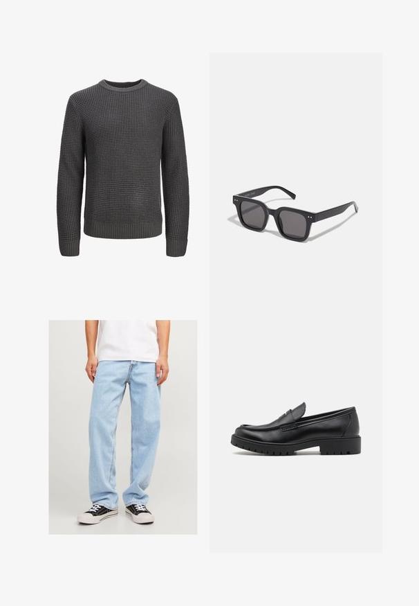 Guess Jeans QUILTED PUFFER JACKET - Übergangsjacke - jet black; Grauer Strickpullover mit strukturiertem Muster, Rundhalsausschnitt sowie gerippten Bündchen und Saum für eine figurbetonte Passform.; Hellblaue Jeans aus Denim mit lockerer Passform, gerade Beinform und Standardnähte, kombiniert mit schwarzen Sneakers.; Schwarze Lederloafers mit runder Zehenform, eleganter Schlupfdesign und dicker Gummisohle mit strukturiertem Griff. Erhöhter Absatz und dezente Nähdetails.; Schwarze rechteckige Sonnenbrillen mit dunklen Gläsern, die einen dicken Rahmen, subtile Akzente an den Seiten und keine sichtbaren Logos außer dem Markennamen aufweisen.; Schwarze Tragetasche aus strapazierfähigem Stoff, mit zwei langen Henkeln, verstellbaren Trägern und einer V fronttasche. Strukturiert Oberfläche mit minimalem Branding.