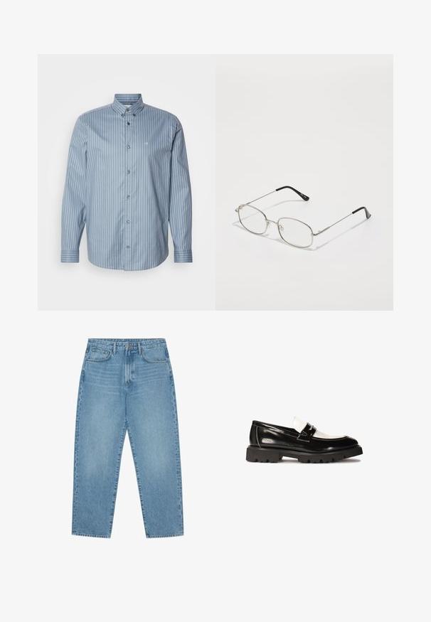 Guess Jeans QUILTED PUFFER JACKET - Könnyű dzseki - jet black; Világoskék ing, függőleges fehér csíkokkal. Hosszú ujjú, galléros kivitel, a mellrészen egy kis logóval. Sima textúrájú anyag.; Világoskék farmer széles szárú nadrág magas derékkal, öt zsebből, övhurkokkal és puha, enyhén fakó textúrával.; Fekete lakkbőr loaferek fehér bőr kiegészítővel, vastag fekete gumitalppal és varrott részletekkel. Simaság a fényes felülettel.; Fém szemüveg, ovális kerettel, ezüst keretekkel és tiszta lencsékkel. Hosszú, egyenes szárak fekete végzettel, minimális dizájn.; Barna bőr sporttáska cipzáras záródással, dupla fogantyúval, állítható vállpánttal és látható textúrákkal a felületen.