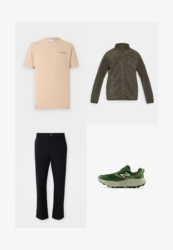 Dresowa kurtka z polaru w oliwkowym kolorze z wysokim kołnierzem, pełnym zamkiem i kieszenią na piersi z logo. Miękka tekstura z długimi rękawami.; Beżowa koszulka z krótkim rękawem, wykonana z miękkiego materiału, z okrągłym dekoltem i małym czarnym logo na lewej piersi. Prosty design.; Czarne spodnie z guzikiem, prostą nogawką, gładką fakturą i bocznymi kieszeniami, odpowiednie na różne okazje.; Zielone sportowe sneakersy z grubą beżową podeszwą, czarnym bieżnikiem i białym logo „N” z boku, pokazane z zewnętrznej strony.