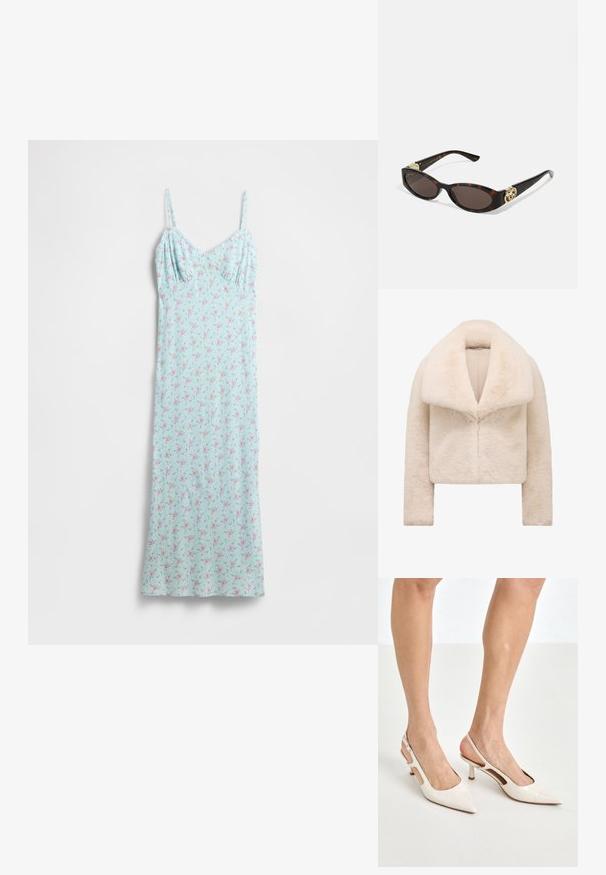 Rövid, rövidített elefántcsont színű műszőrme dzseki széles, puha gallérral és hosszú ujjakkal. Elegáns elülső záródással és texturált, plüss felülettel rendelkezik.; Világoskék ruha rózsaszín és zöld virágmintával. Vékony pántok és testhez simuló felsőrész, amely bő szoknyába megy át. Puha anyagtextúra.; Beige patent bőr slingback magassarkúk hegyes orral és 5 cm-es sarokkal, kivágott oldalakkal és vékony bokapánttal.; Tortából készült napszemüveg, hosszúkás ovális lencsékkel, barna színű árnyalattal, arany logóval a fülkagylón, és karcsú fekete szárakkal.; Ívelt, krém színű bőrtáska egyszíjas megoldással, aranyszínű fémrészekkel és diszkrét logóval az alján. Cipzáras záródás a felső élen.
