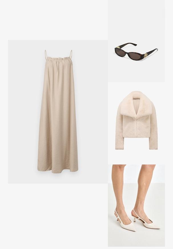 Casaco curto e cortado em pele sintética bege, com um colarinho largo e macio e mangas longas. Apresenta um fecho frontal elegante e uma superfície texturizada e felpuda.; Vestido maxi bege com finas alças de espaguete, decote elástico franzido, feito de um tecido suave e texturizado, e uma silhueta em A até ao chão.; Saltos slingback de verniz bege com bico fino e salto de 5 cm, apresentando lados recortados e uma tira fina no tornozelo.; Óculos de sol de tartaruga com lentes ovais alongadas, tom castanho, acentos de logotipo dourado nas hastes e hastes pretas elegantes.; Bolsa de mão de couro creme, com formato curvado, uma alça, acabamentos dourados e uma marcação discreta na parte inferior. Fecho com zipper ao longo da parte superior.