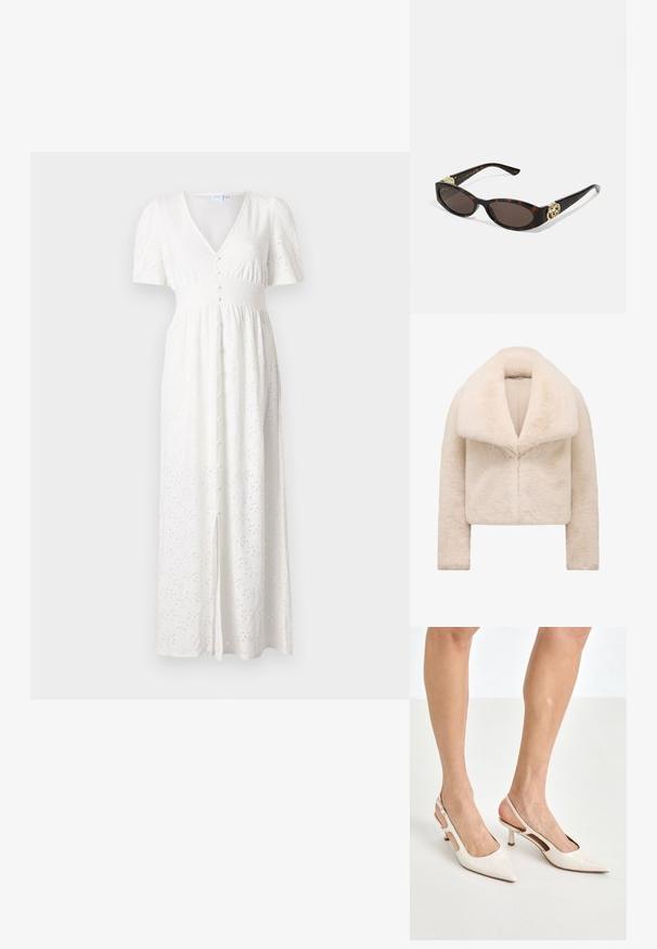 Giacca in finta pelliccia avorio corta e sfilata, con un ampio colletto morbido e maniche lunghe. Presenta una chiusura frontale elegante e una superficie testurizzata e soffice.; Abito maxi bianco con scollatura a V, maniche a palloncino corte, chiusura con bottoni e motivo a pois ricamato. Il tessuto è leggero e presenta una vestibilità ampia.; Tacchi slingback in pelle lucida beige con punta affusolata e tacco di 5 cm, caratterizzati da lati traforati e una sottile fascia alla caviglia.; Occhiali da sole tartarugati con lenti ovali allungate, tonalità marrone, accenti dorati con logo sulle tempie e aste nere eleganti.; Borsa a tracolla curva in pelle crema con una sola tracolla, minuteria dorata e un branding sottile nella parte inferiore. Chiusura con zip lungo il bordo superiore.; Collana d'oro con un design a foglia caratterizzato da dettagli testurizzati. Il pezzo presenta una chiusura a catena e una forma naturale e fluida.