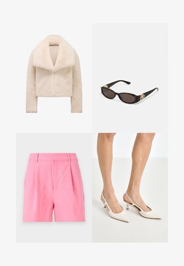 Korte, cropped ivoren nepbont jas met een brede, zachte kraag en lange mouwen. Heeft een strakke sluiting aan de voorkant en een gestructureerd, pluche oppervlak.; Witte blouse met knopen van glad katoen met een klassieke kraag, voorzien van een rechte onderkant en beige knopen aan de voorkant.; Roze katoenen shorts met een gladde textuur, voorzien van plooien, een tailleband en zijzakken voor extra functionaliteit.; Beige gepatineerde leren slingback hakken met een spitze neus en een hak van 5 cm, met uitsparingen aan de zijkanten en een dunne enkelband.; Schildpadbril met langwerpige ovale lenzen, bruine tint, gouden logo-accenten op de pootjes en slanke zwarte armen.; Gebogen crèmekleurige leren handtas met een enkele schouderband, gouden hardware en subtiele branding aan de onderkant. Rits sluiting langs de bovenrand.