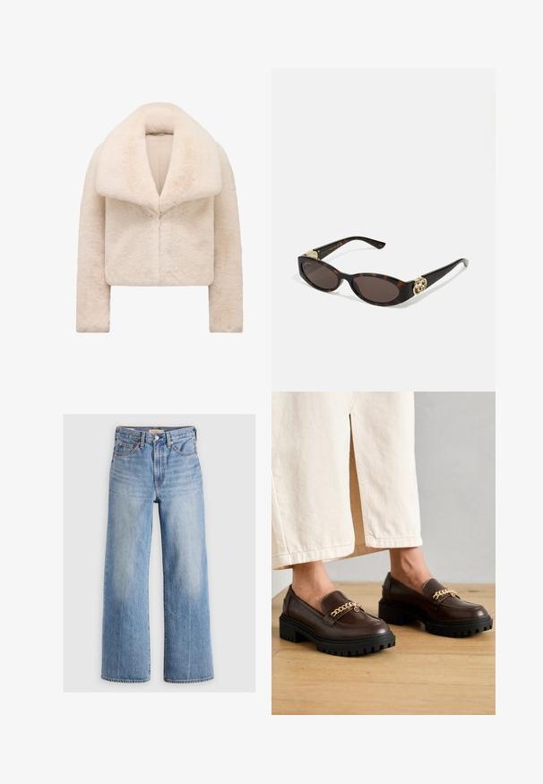 Kurze, geteilte ivoryfarbene Kunstfelljacke mit breitem, weichem Kragen und langen Ärmeln. Verfügt über einen eleganten Frontverschluss und eine strukturierte, plüschige Oberfläche.; Langärmliges Rollkragenshirt in einem hellen Beigeton. Hergestellt aus weichem, dehnbarem Stoff mit lockerer Passform und umgeschlagenem Kragen.; Helleblaue Jeans mit weitem Bein und hoher Taille, mit ausgewaschenen Stellen, fünf Taschen und Kontrastnähten. Klassische Knopf- und Reißverschlussöffnung.; Braune Lederloafers mit einer dicken schwarzen Sohle und einem goldenen Kettenakzent vorne. Glatte Oberfläche mit leichtem Glanz.; Schildpatt-Sonnenbrille mit länglich-ovalen Gläsern, braunem Farbton, goldenen Logo-Akzenten an den Bügeln und schlanken schwarzen Bügeln.; Kremfarbene, gebogene Lederhandtasche mit einem einzelnen Tragegurt, goldener Hardware und dezentem Branding am unteren Rand. Reißverschlussverschluss entlang der oberen Kante.