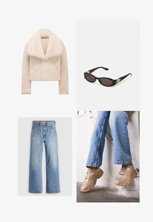 Short, cropped ivory faux fur jacket with a wide, soft collar and long sleeves. Features a sleek front closure and a textured, plush surface.; Long-sleeve turtleneck top in a light beige color. Made of soft, stretchy fabric with a relaxed fit and a fold-over neckline.; Light blue denim wide-leg jeans with a high waist, faded areas, five pockets, and contrast stitching. Classic button and zipper closure.; Beige sneakers featuring metallic accents, textured design, and rhinestone details, paired with light blue straight-leg jeans.; Tortoiseshell sunglasses with elongated oval lenses, brown tint, gold logo accents on temples, and sleek black arms.; Curved cream leather handbag with a single strap, gold hardware, and subtle branding at the bottom. Zipper closure along the top edge.