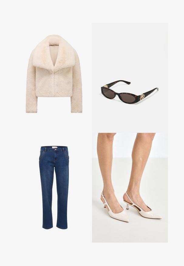 Chaqueta corta de pelaje sintético marfil, con un amplio y suave cuello y mangas largas. Cuenta con un cierre frontal elegante y una superficie texturizada y aterciopelada.; Top de cuello alto de manga larga en un color beige claro. Hecho de una tela suave y elástica con un corte holgado y un cuello doblado.; Jeans de mezclilla azul oscuro con corte recto, que cuentan con cinco bolsillos, cierre de botón y detalles de costura sutiles.; Tacones slingback de charol beige con punta afilada y un tacón de 5 cm, con lados recortados y una delgada correa en el tobillo.; Gafas de sol carey con lentes ovalados alargados, tintado marrón, acentos de logo dorado en las patillas y brazos negros elegantes.; Bolso de cuero crema curvado con una sola correa, herrajes dorados y un sutil logo en la parte inferior. Cierre de cremallera a lo largo del borde superior.