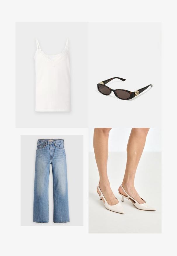 Short, cropped ivory faux fur jacket with a wide, soft collar and long sleeves. Features a sleek front closure and a textured, plush surface.; White camisole with adjustable spaghetti straps, featuring delicate lace trim along the neckline and hem, made from soft cotton fabric.; Light blue denim wide-leg jeans with a high waist, faded areas, five pockets, and contrast stitching. Classic button and zipper closure.; Beige patent leather slingback heels with a pointed toe and 5 cm heel, featuring cut-out sides and a thin ankle strap.; Tortoiseshell sunglasses with elongated oval lenses, brown tint, gold logo accents on temples, and sleek black arms.; Curved cream leather handbag with a single strap, gold hardware, and subtle branding at the bottom. Zipper closure along the top edge.; Gold necklace featuring a leaf design with textured details. The piece has a chain closure and a natural, flowing shape.