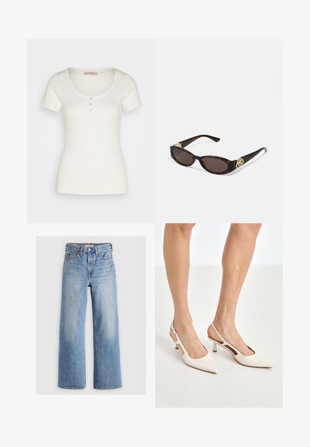 Korte, cropped ivoren nepbont jas met een brede, zachte kraag en lange mouwen. Heeft een strakke sluiting aan de voorkant en een gestructureerd, pluche oppervlak.; Wit ribbel T-shirt met korte mouwen en een ronde halslijn, voorzien van drie decoratieve knopen aan de voorkant. Soepele textuur, getailleerd ontwerp.; Lichtblauwe denim wijde broek met hoge taille, vervaagde plekken, vijf zakken en contrasterende stiksels. Klassieke knoop- en ritssluiting.; Beige gepatineerde leren slingback hakken met een spitze neus en een hak van 5 cm, met uitsparingen aan de zijkanten en een dunne enkelband.; Schildpadbril met langwerpige ovale lenzen, bruine tint, gouden logo-accenten op de pootjes en slanke zwarte armen.; Gebogen crèmekleurige leren handtas met een enkele schouderband, gouden hardware en subtiele branding aan de onderkant. Rits sluiting langs de bovenrand.