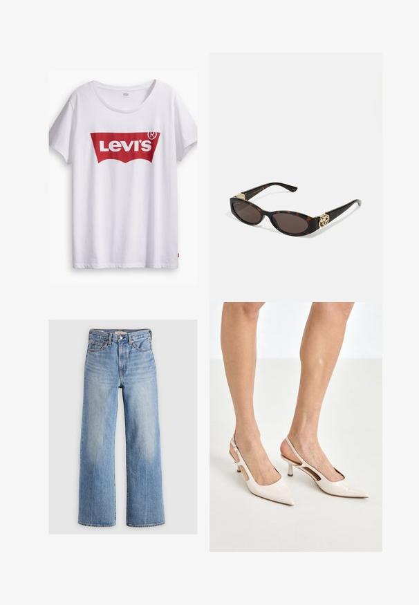 Giacca in finta pelliccia avorio corta e sfilata, con un ampio colletto morbido e maniche lunghe. Presenta una chiusura frontale elegante e una superficie testurizzata e soffice.; T-shirt bianca in cotone con un grande logo rosso Levi's all'interno di una forma a etichetta rossa. Maniche corte e scollo rotondo, vestibilità casual.; Jeans in denim blu chiaro a gamba larga con vita alta, aree sbiadite, cinque tasche e cuciture a contrasto. Classico bottone e chiusura con zip.; Tacchi slingback in pelle lucida beige con punta affusolata e tacco di 5 cm, caratterizzati da lati traforati e una sottile fascia alla caviglia.; Occhiali da sole tartarugati con lenti ovali allungate, tonalità marrone, accenti dorati con logo sulle tempie e aste nere eleganti.; Borsa a tracolla curva in pelle crema con una sola tracolla, minuteria dorata e un branding sottile nella parte inferiore. Chiusura con zip lungo il bordo superiore.; Collana d'oro con un design a foglia caratterizzato da dettagli testurizzati. Il pezzo presenta una chiusura a catena e una forma naturale e fluida.