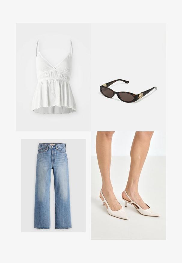 Short, cropped ivory faux fur jacket with a wide, soft collar and long sleeves. Features a sleek front closure and a textured, plush surface.; White sleeveless top with a V-neckline, textured fabric, and gathered waist. Features a flared hem and thin adjustable straps.; Light blue denim wide-leg jeans with a high waist, faded areas, five pockets, and contrast stitching. Classic button and zipper closure.; Beige patent leather slingback heels with a pointed toe and 5 cm heel, featuring cut-out sides and a thin ankle strap.; Tortoiseshell sunglasses with elongated oval lenses, brown tint, gold logo accents on temples, and sleek black arms.; Curved cream leather handbag with a single strap, gold hardware, and subtle branding at the bottom. Zipper closure along the top edge.