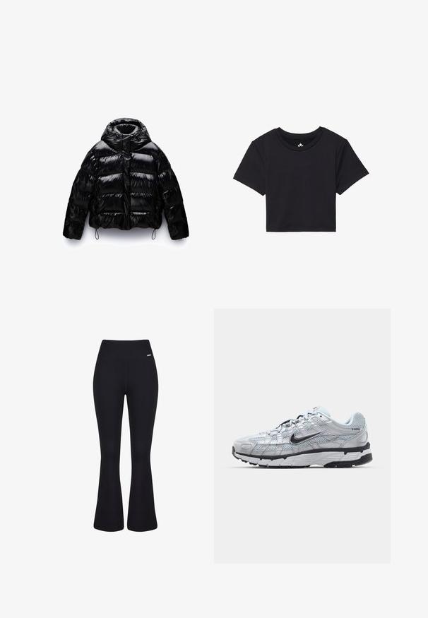 Fekete puffernadrág, fényes felülettel, magas gallérral, cipzáros elülső résszel, valamint elasztikus húzózsinórokkal az alján és az ujjaknál.; Fekete, rövid ujjú, cropped póló, kerek nyakkivágással, sima anyagból készült. Minimalista dizájn, látható minták vagy díszítések nélkül.; Fekete bordás, harangszárú nadrág magas derékkal. Simább textúra és testhezálló sziluett, amely a térd felé keskenyedik, majd szélesedik.; Nike P-6000 sportcipő, világosszürke hálós felsőrésszel, fekete részletekkel és tartós fekete gumitalppal. Bonyolult dizájnnal és fűzőrendszerrel rendelkezik.