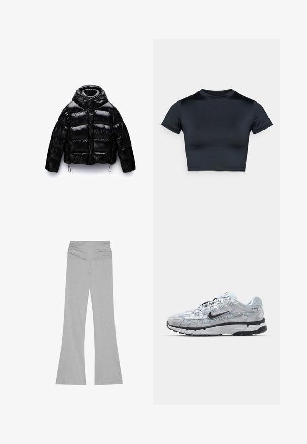 Veste doudoune noire avec une finition brillante, dotée d'un col montant, d'une fermeture éclair à l'avant et de cordons élastiques à l'ourlet et aux poignets.; Haut court à manches courtes en bleu marine foncé, fabriqué en tissu lisse et extensible. Présente un col rond et des détails de couture minimes. Aucun logo visible.; Pantalons grisonnants évasés en tissu doux et extensible. Dotés d'une taille froncée pour plus de confort. Texture lisse avec une coupe décontractée.; Baskets Nike P-6000 avec une tige en mesh gris clair, des accents noirs et une semelle en caoutchouc noir durable. Présente un design complexe et un système de laçage.