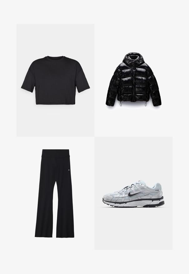 Zwarte pufferjack met een glanzende afwerking, voorzien van een hoge kraag, een rits aan de voorkant en elastische koorden aan de onderrand en mouwen.; Zwarte cropped t-shirt gemaakt van zachte stof, met een ronde halslijn en korte, brede mouwen, met een eenvoudig, naadloos ontwerp.; Zwarte flared yoga broek van rekbaar materiaal, met een brede tailleband en een klein logo nabij de heup. Glad textuur, geen patronen.; Nike P-6000 sneakers met een lichtgrijze mesh bovenkant, zwarte accenten en een duurzame zwarte rubberen zool. Kenmerkt zich door een ingewikkeld ontwerp en vetersysteem.